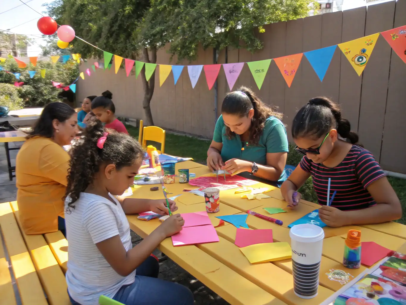 A heartwarming image showing a diverse group of employees and their children laughing and collaborating on a team-building art project, highlighting the adaptability of Floomina Kids Asso's entertainment to all ages and skill levels.