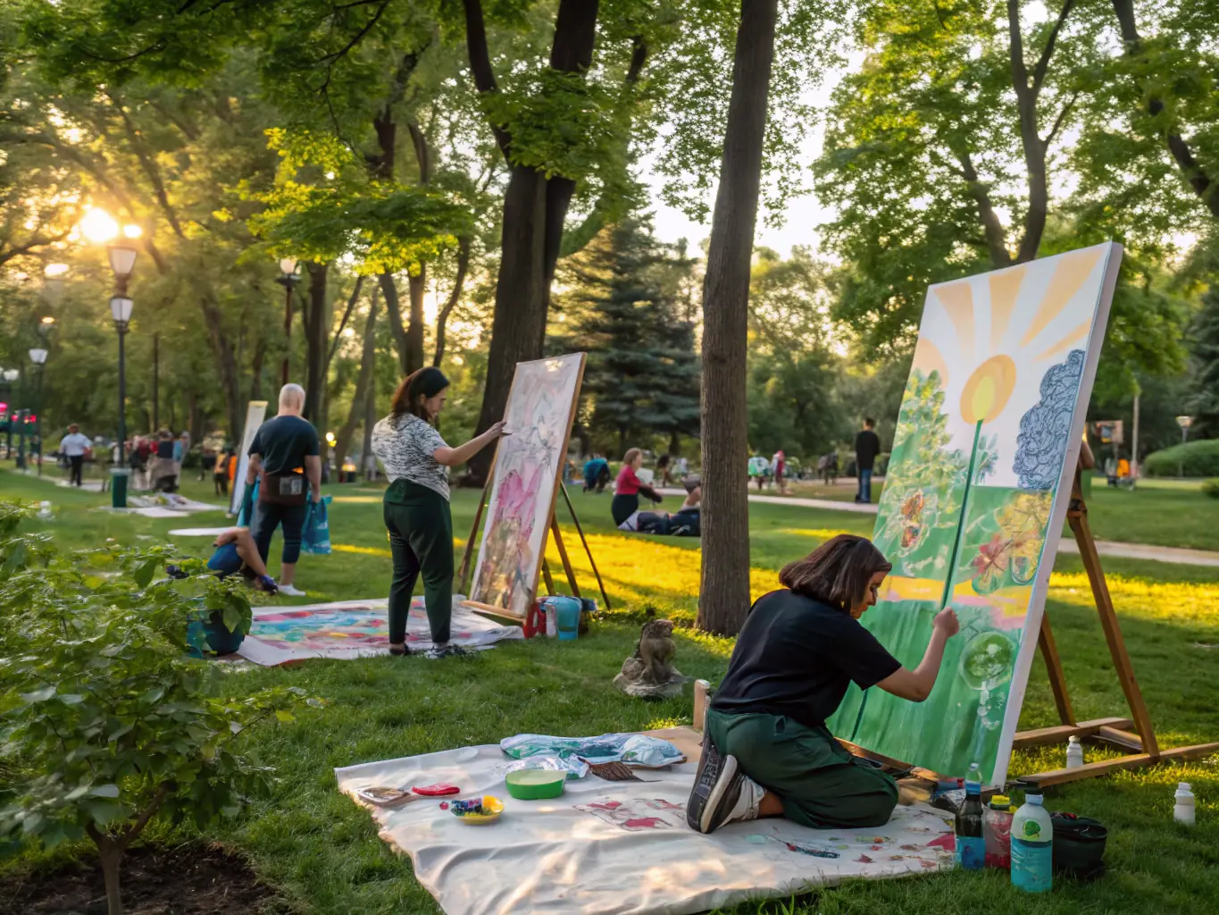 A vibrant and colorful image depicting children and adults joyfully participating in an interactive art workshop during a corporate family day event, showcasing the artistic expertise and intergenerational appeal of Floomina Kids Asso's entertainment services.