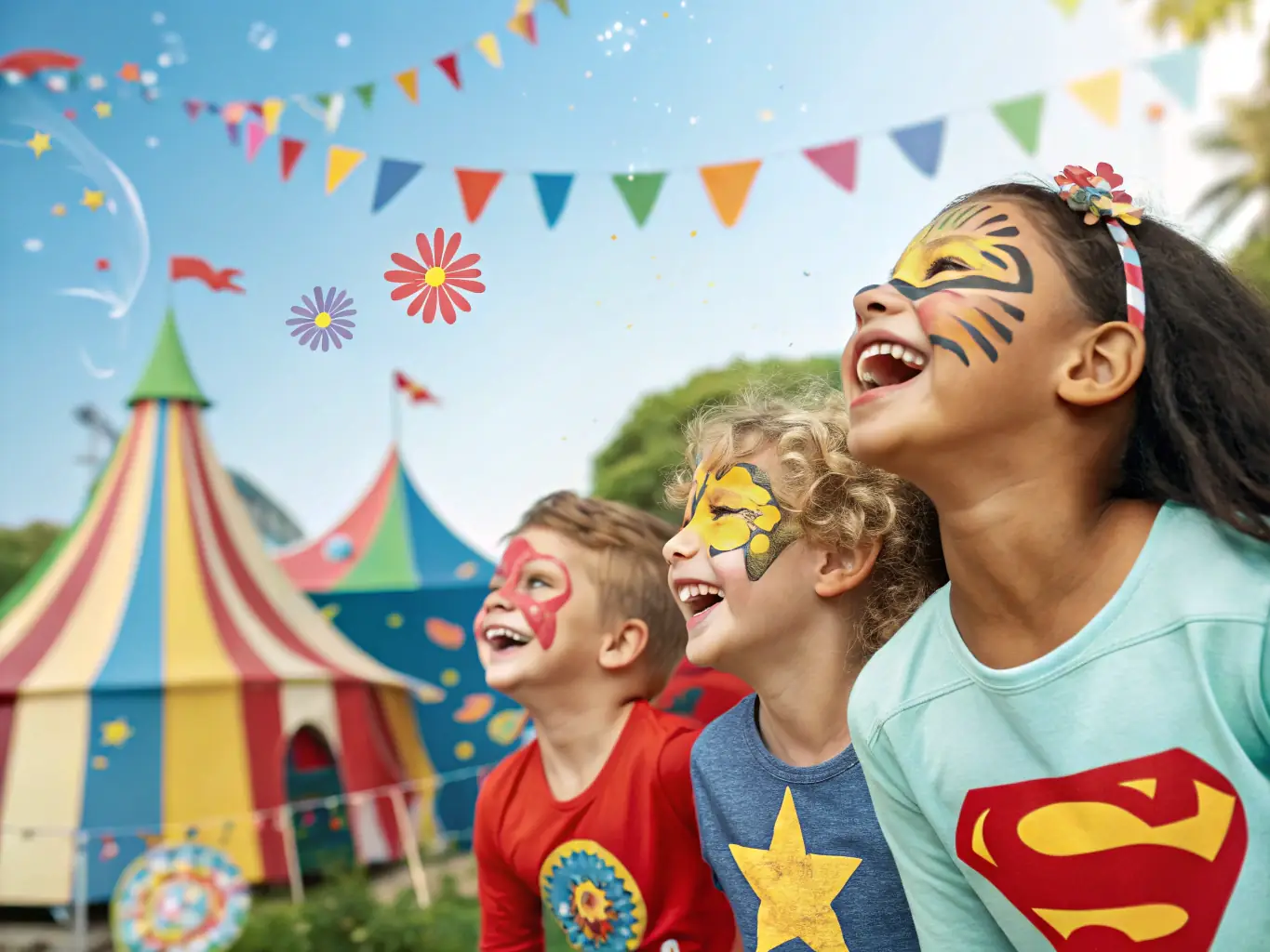 A vibrant and joyful Family Day event with children participating in various art activities, such as face painting and collaborative mural creation, set in a park with families enjoying the festivities.