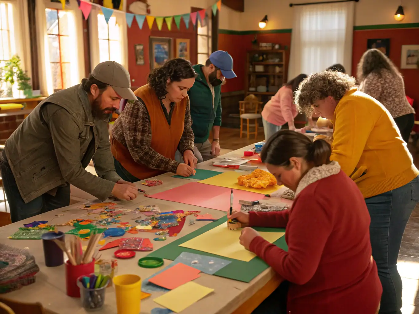 A dynamic Team Building session where employees are working together on a large-scale art project, such as a mosaic or sculpture, in a creative studio environment.
