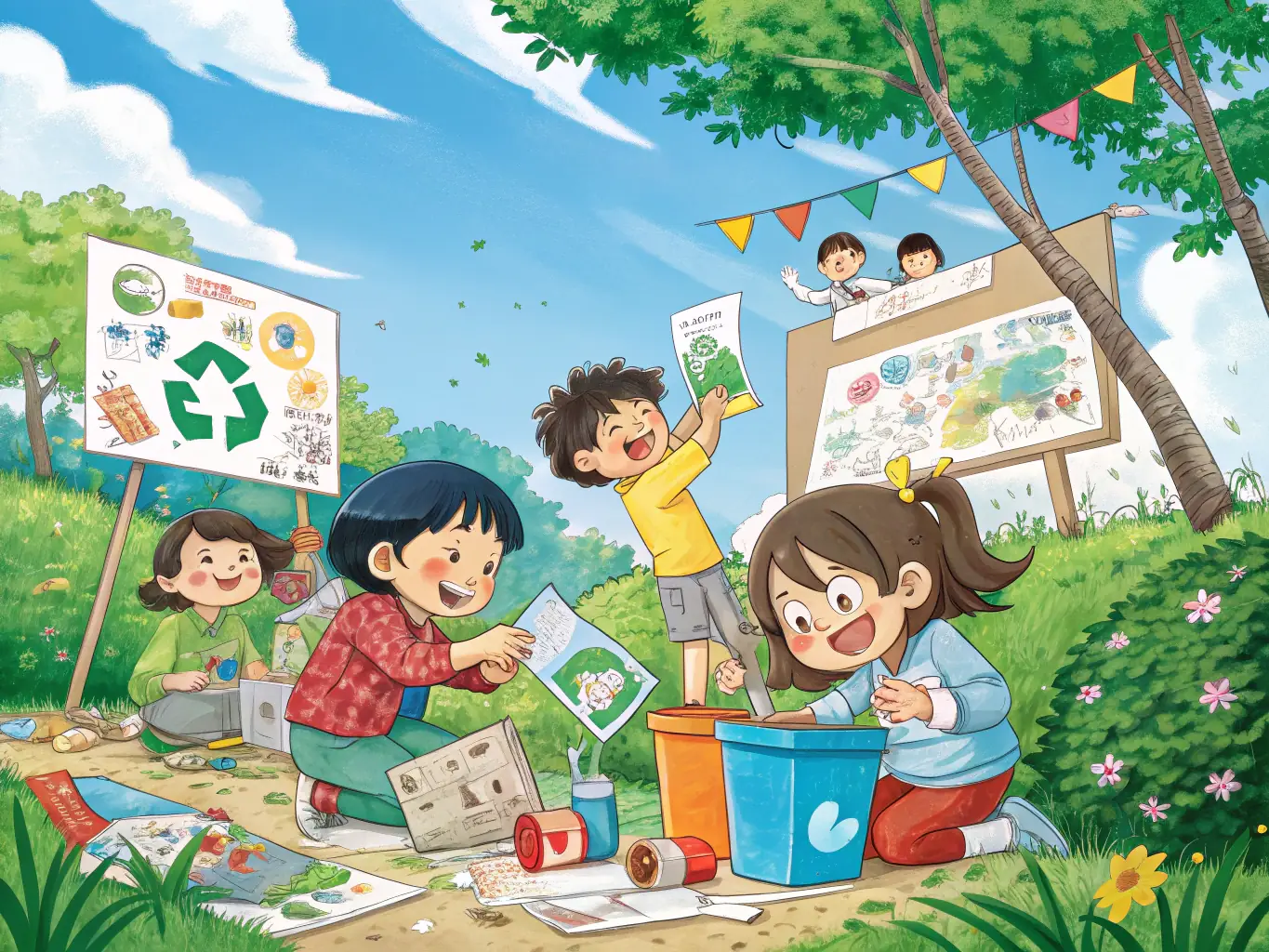 A serene image of children using recycled materials to create art during an outdoor workshop, emphasizing Floomina Kids Asso's commitment to environmentally friendly practices and sustainable entertainment.